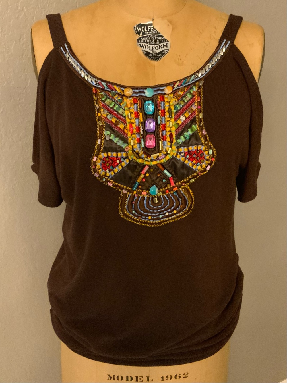 Arden B Brown Cold-Shoulder Top with Multicolor Beaded Yoke, size Medium